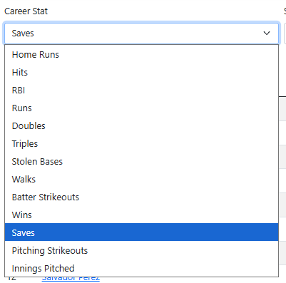 Milestone Chaser career stat selector with hitting and pitching categories
