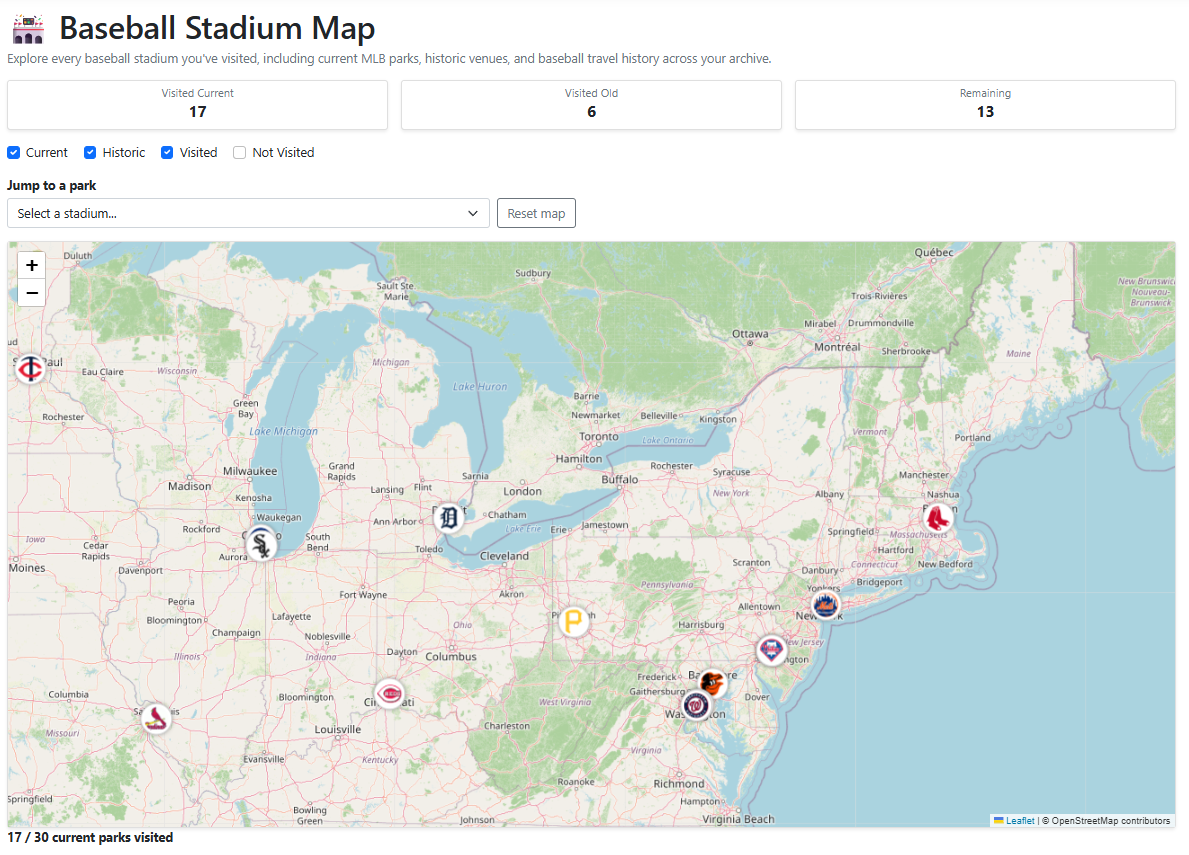 Baseball stadium map showing MLB ballparks visited